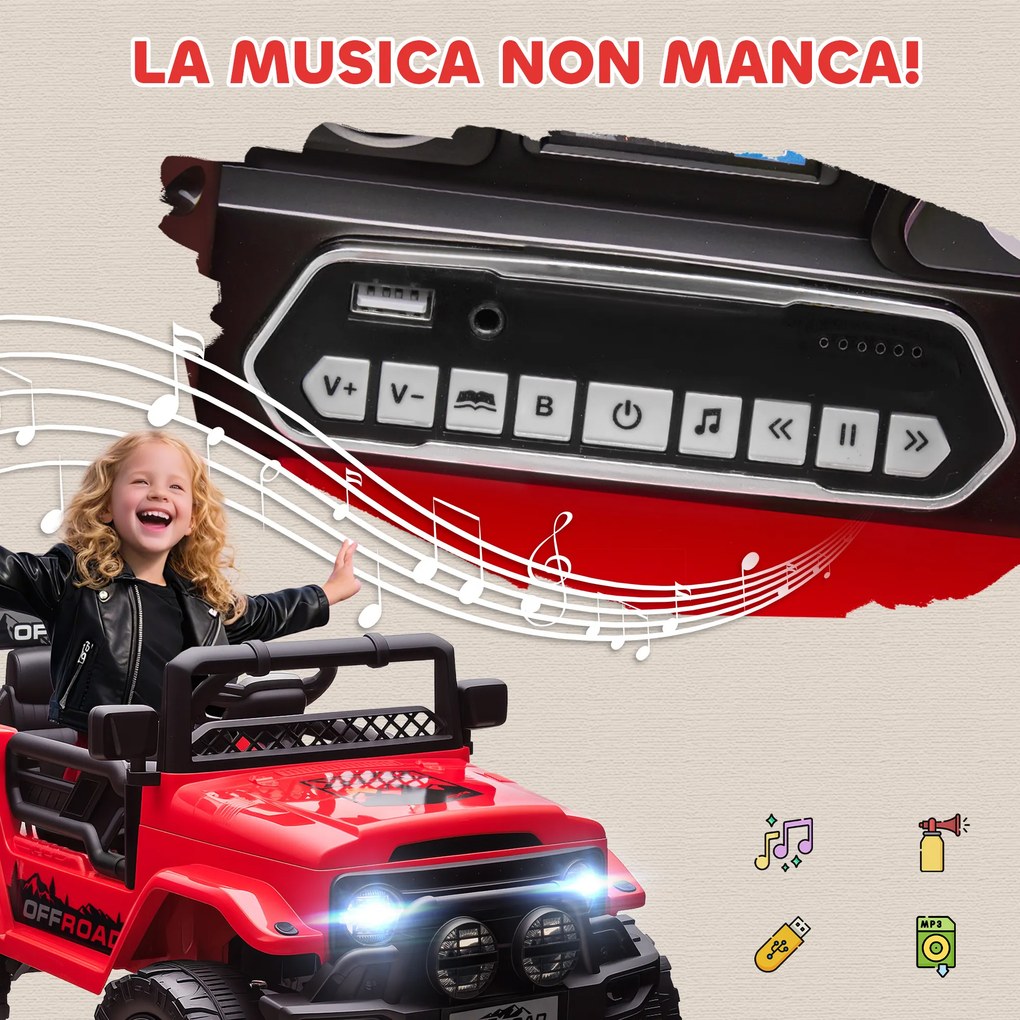 Macchina Fuoristrada per Bambini 99x66x68.5 cm con Fanali Clacson e Telecomando in PP e Metallo Rosso...