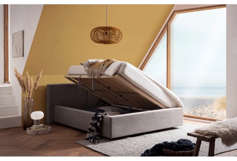 Letto matrimoniale imbottito marrone chiaro con contenitore con rete inclusa 140x200 cm Cube – Meise Möbel