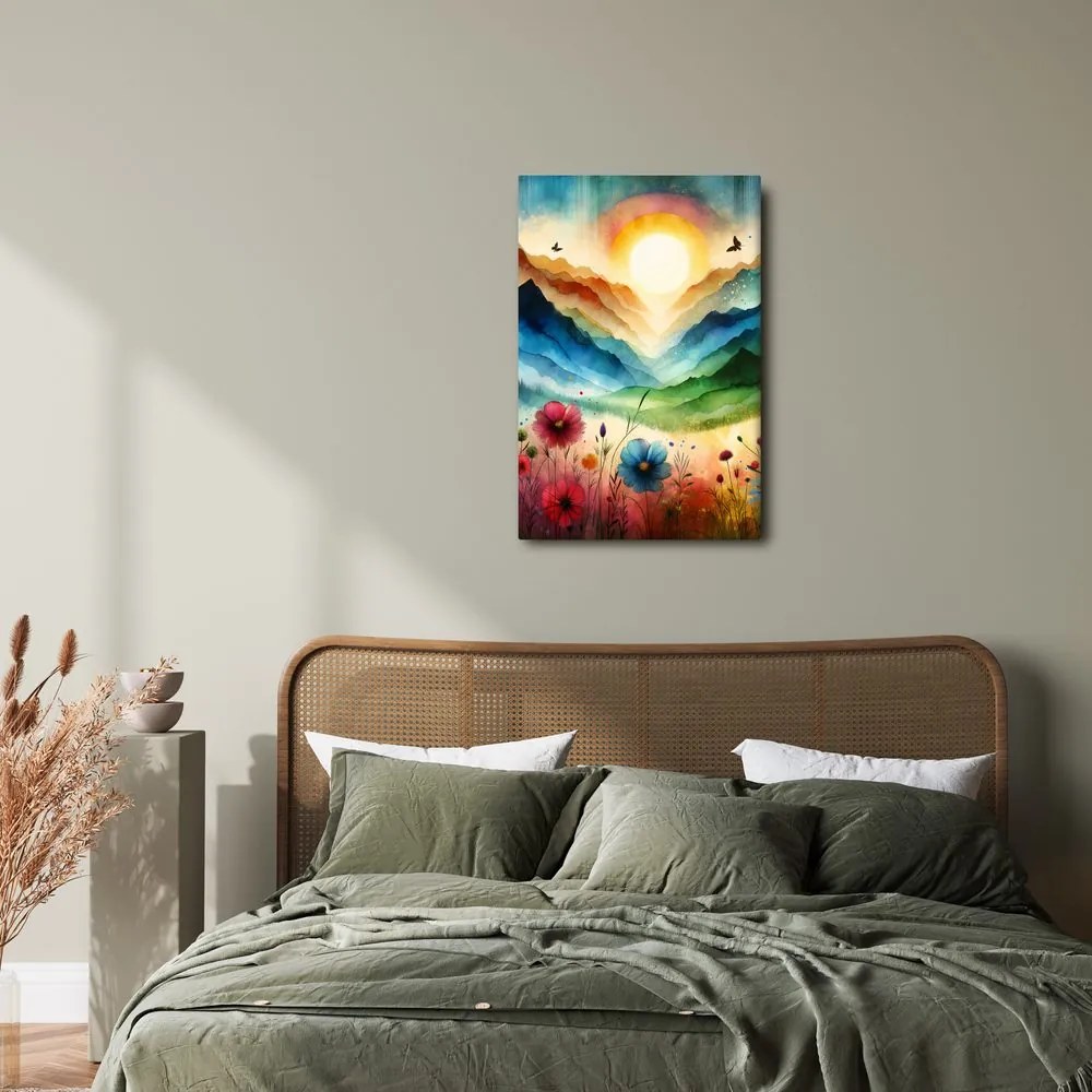 Quadro su tela – Paesaggio fiabesco con fiori e sole