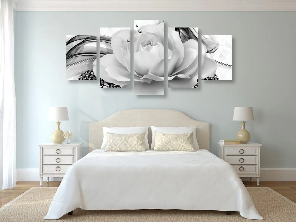 Quadri 5 pezzi – Rose lussuose in bianco e nero