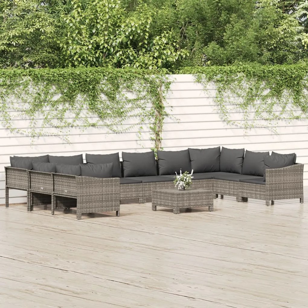 Set divani da giardino 11 pz con cuscini in polyrattan grigio