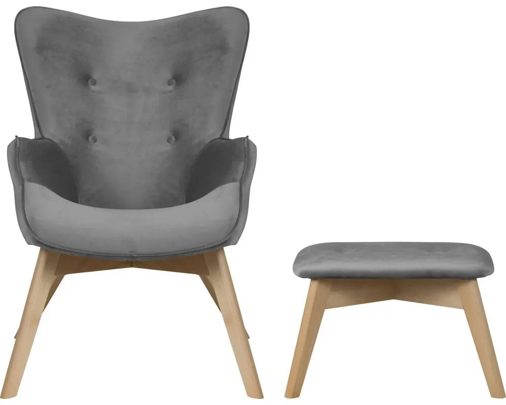 Poltrona con poggiapiedi grigia con rivestimento in velluto Niko – Ropez