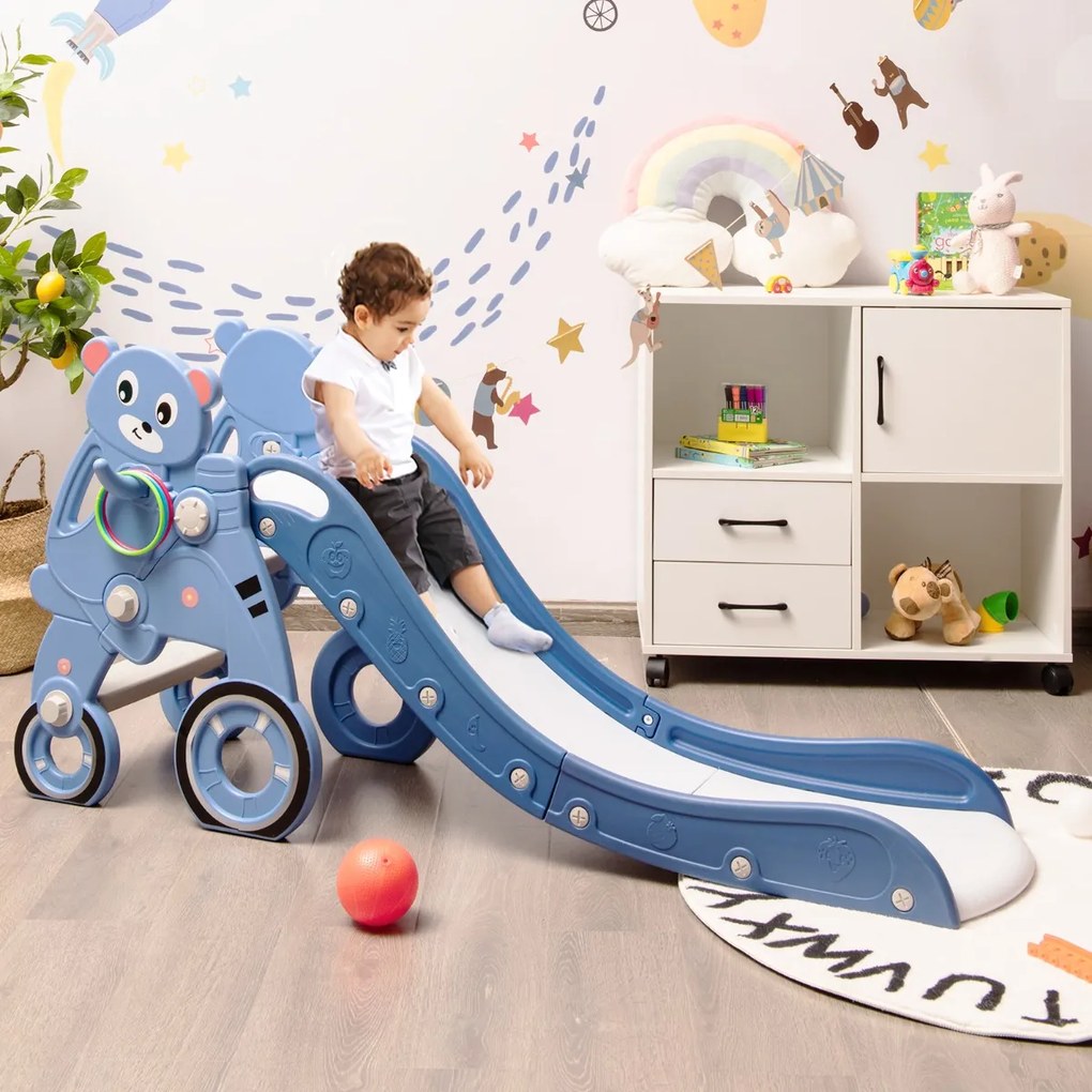 Costway Scivolo 3 in 1 per bambini con canestro e anelli per interno, Scivolo pieghevole a forma di orsetto Blu