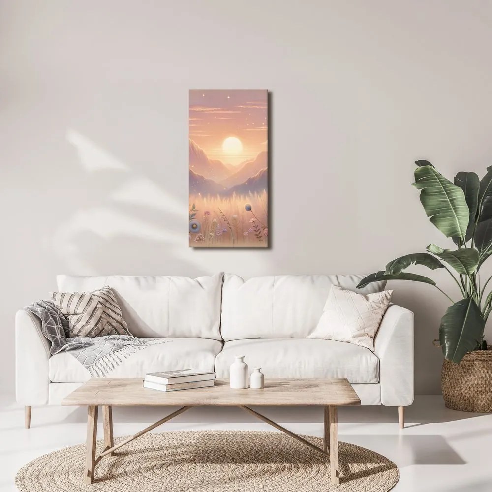 Quadro su tela – Montagne, fiori e sole al tramonto