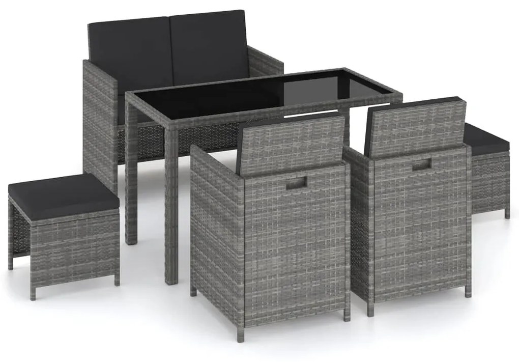 Set da pranzo da giardino 6 pz con cuscini in polyrattan grigio