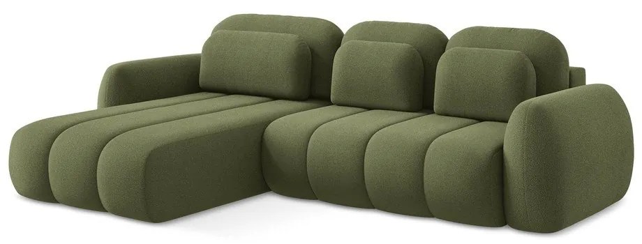 Divano angolare verde allungabile/con contenitore (con penisola a sinistra/con chaise lounge) con rivestimento in bouclé Pele – Makamii