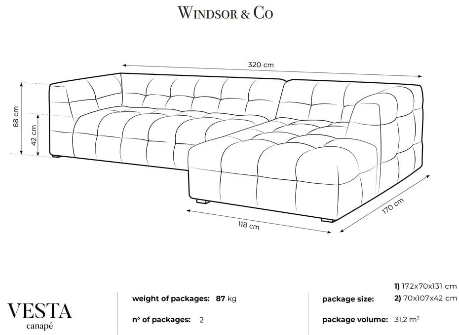 Divano angolare in velluto grigio, angolo destro Vesta - Windsor & Co Sofas