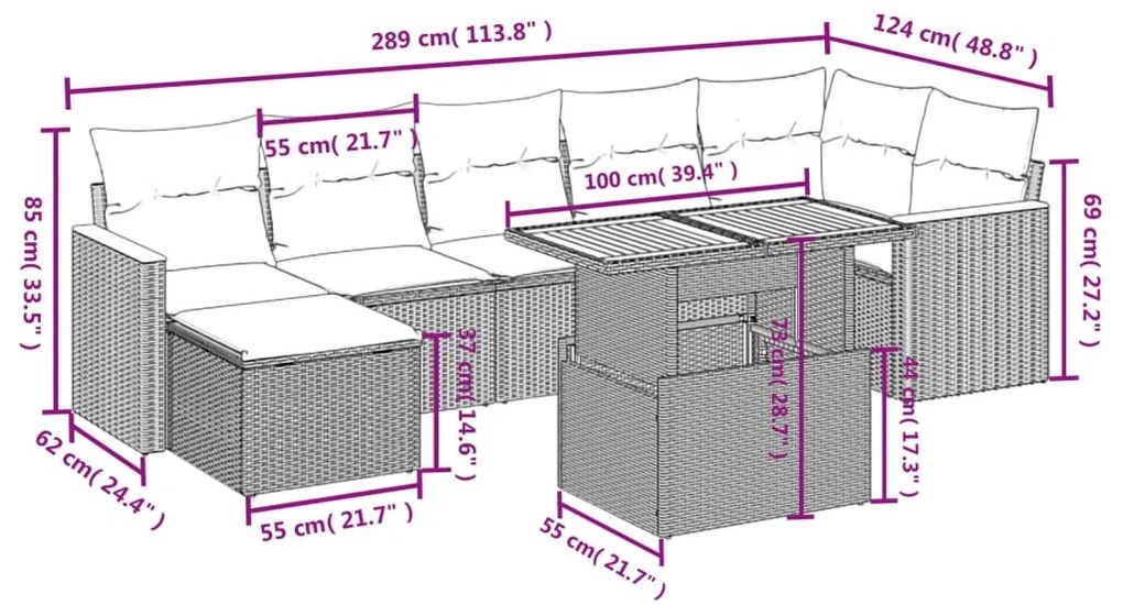 Set divano da giardino 8 pz con cuscini grigio in polyrattan