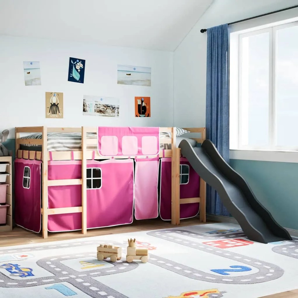 Letto A Soppalco Con Tende Bambini Rosa 80x200 Cm Massello Pino /