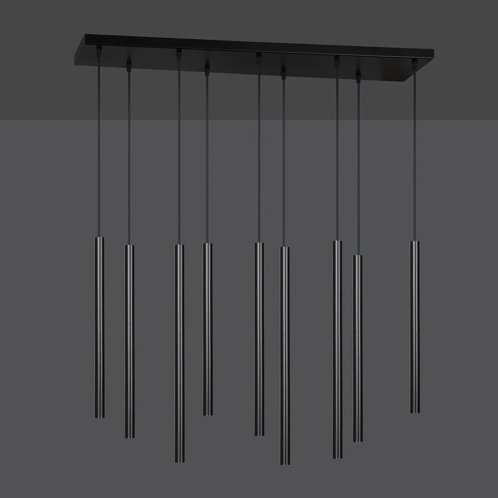 Lampadario 9 Luci Moderno Shu Acciaio Nero E Paralumi A Cilindri Sottili