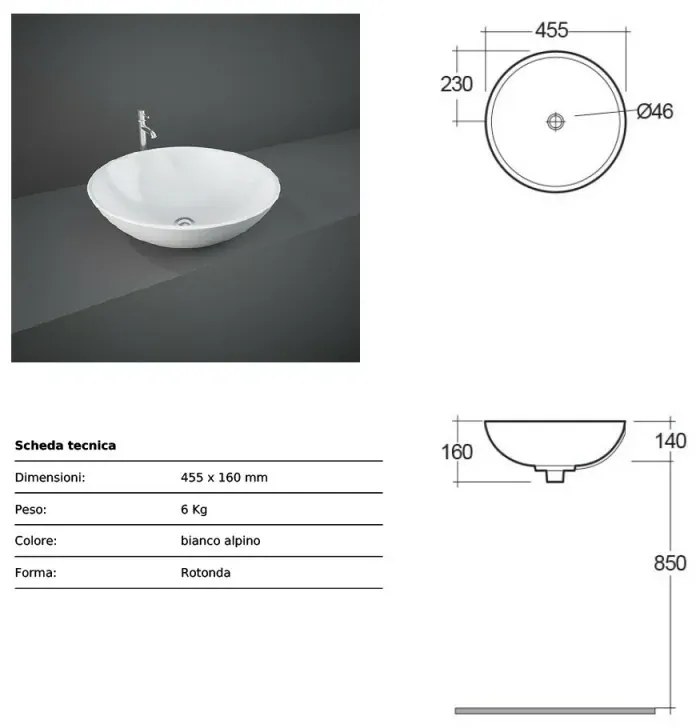 Lavabo da appoggio tondo 45,5x16 cm a ciotola Rak modello Diana