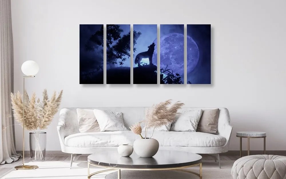 Quadri 5 pezzi – Lupo alla luna piena