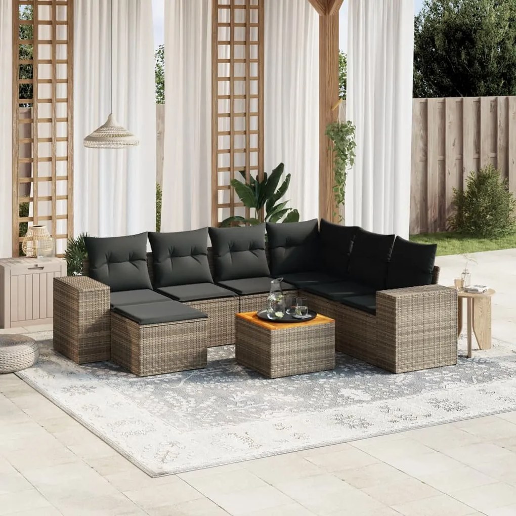 Set divano da giardino 8 pz con cuscini grigio in polyrattan