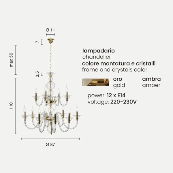 Lampada a sospensione TEBE a 12 luci in vetro lavorato a mano AMBRA