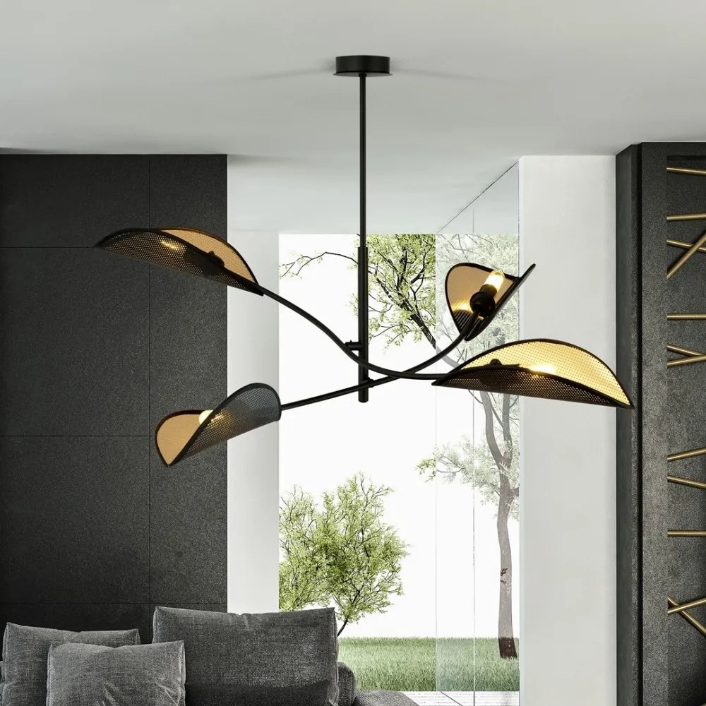 Lampadario a Sospensione in Acciaio e Tessuto LOTUS 4 Nero 4xE14 Colore del corpo Nero e Oro