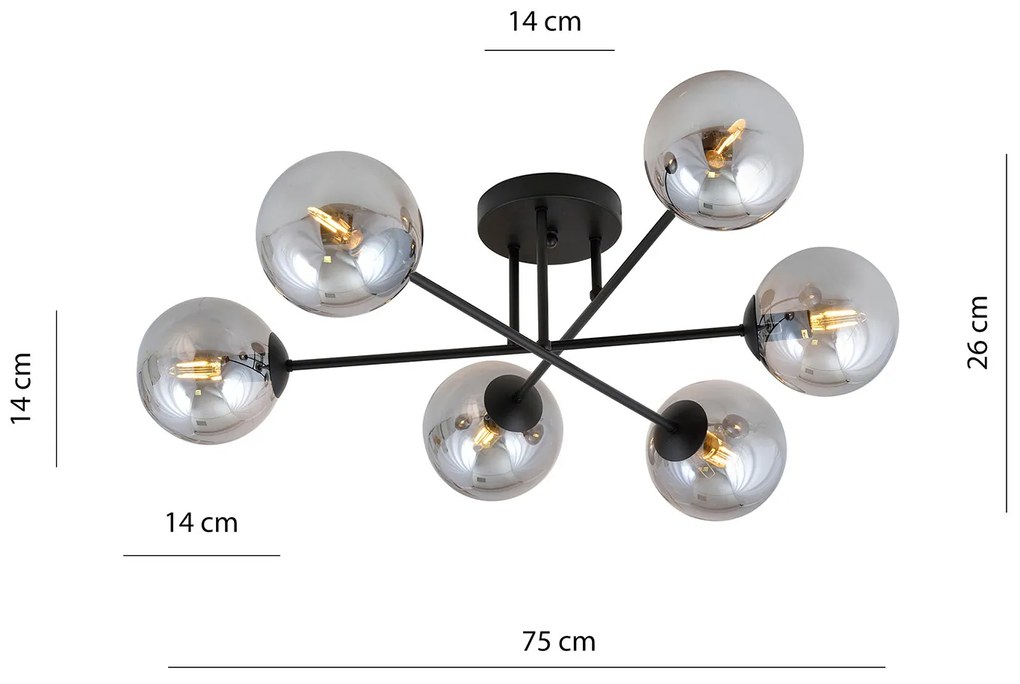 Plafoniera Moderna Morrigan 6 Luci In Acciao Nero E Sfere In Vetro Fumè