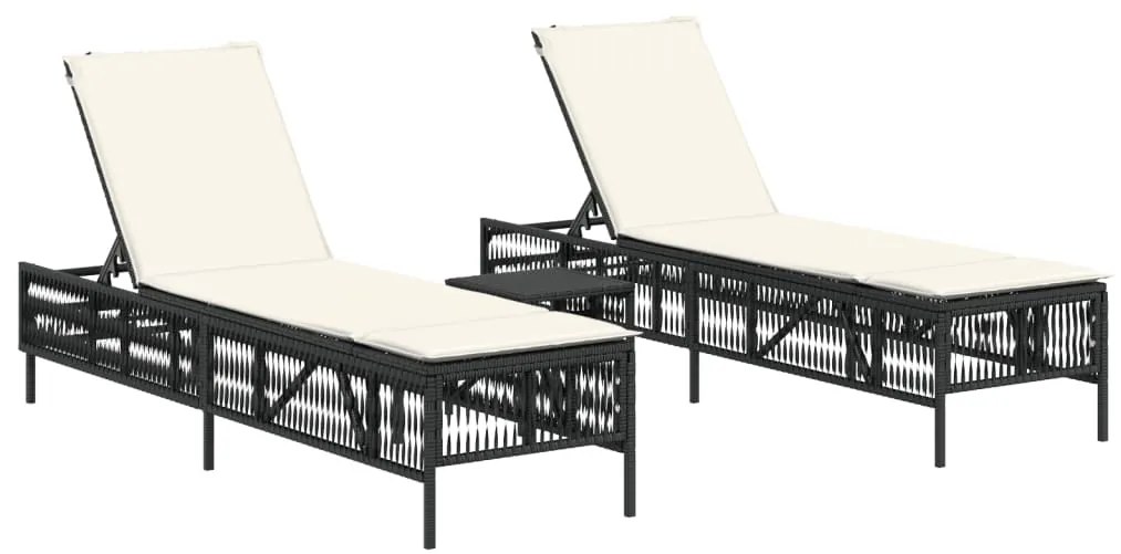 Lettini prendisole 2 pz con tavolino nero in polyrattan