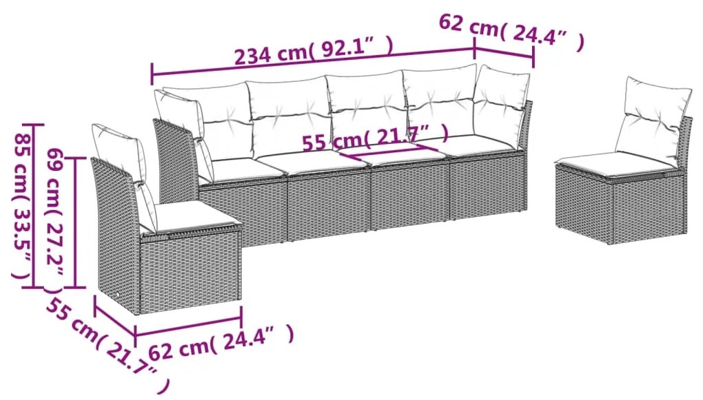 Set Divano da Giardino 6 pz con Cuscini Grigio in Polyrattan