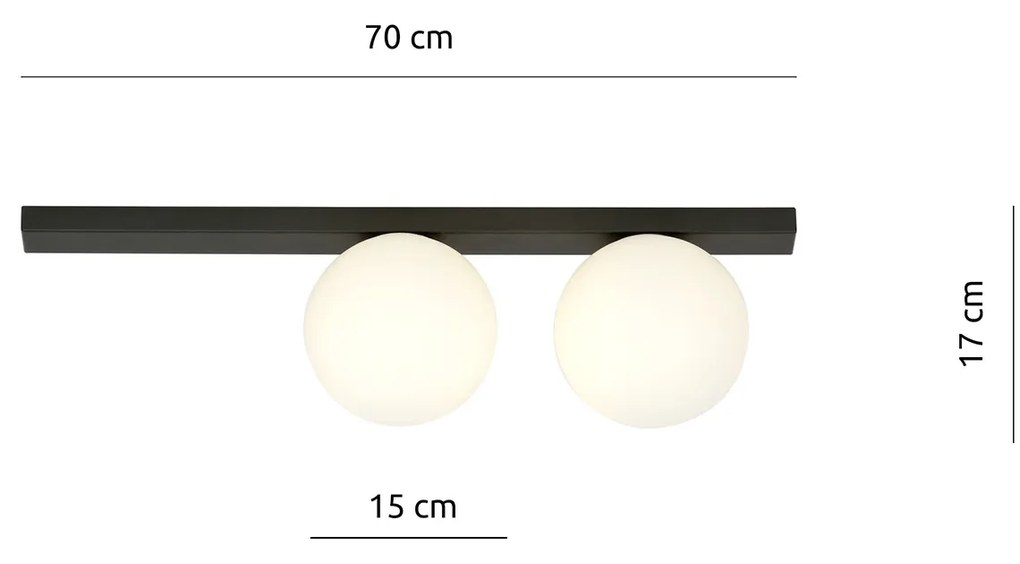 Plafoniera Moderna 2 Luci Giapeto Barra In Acciaio Nero E Sfere Di Vetro Opale