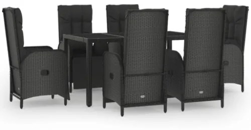 Set da Pranzo Giardino 7pz Nero e Grigio con Cuscini Polyrattan