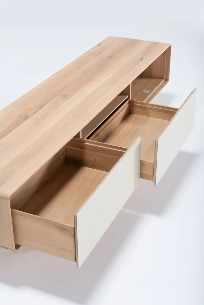 Mobile TV bianco-color legno naturale in legno di quercia 200x48 cm Fina - Gazzda