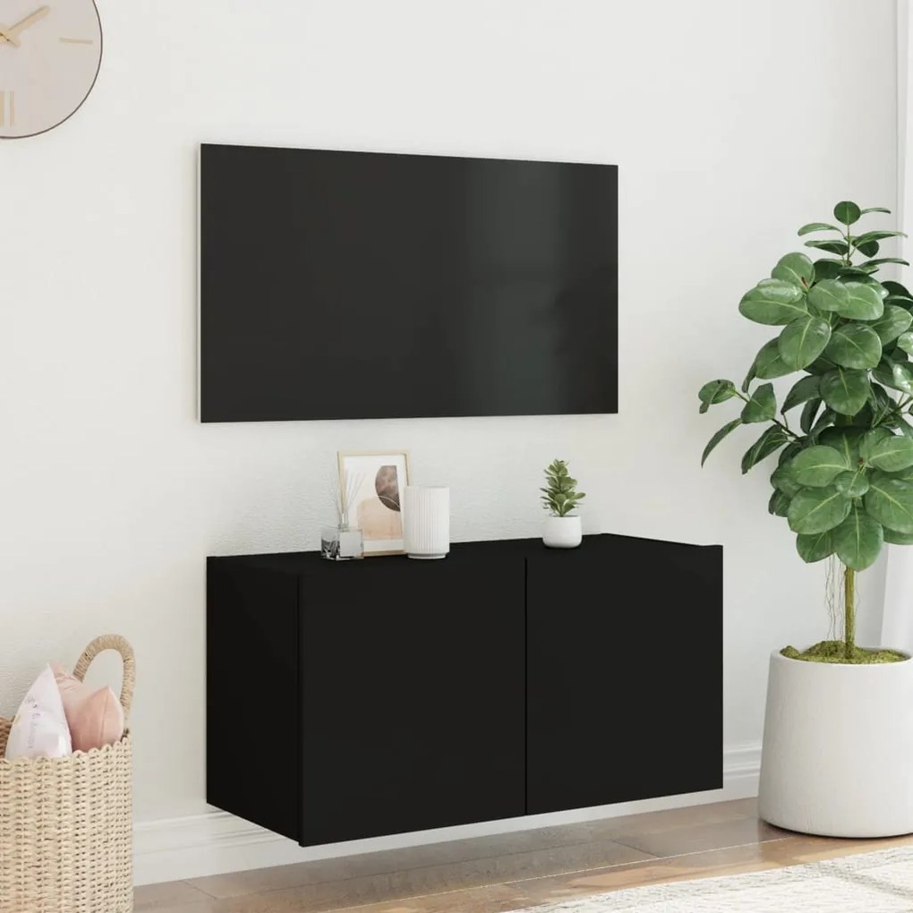 Mobile tv a parete con luci led nero 80x35x41 cm