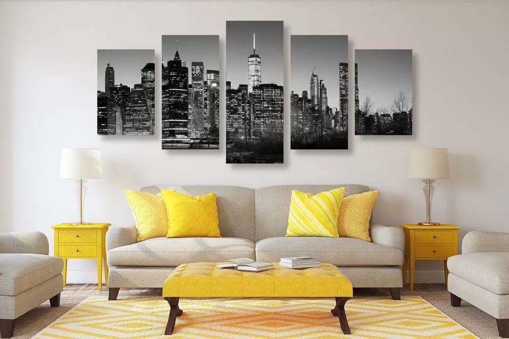 Quadri 5 pezzi – Centro di New York in bianco e nero