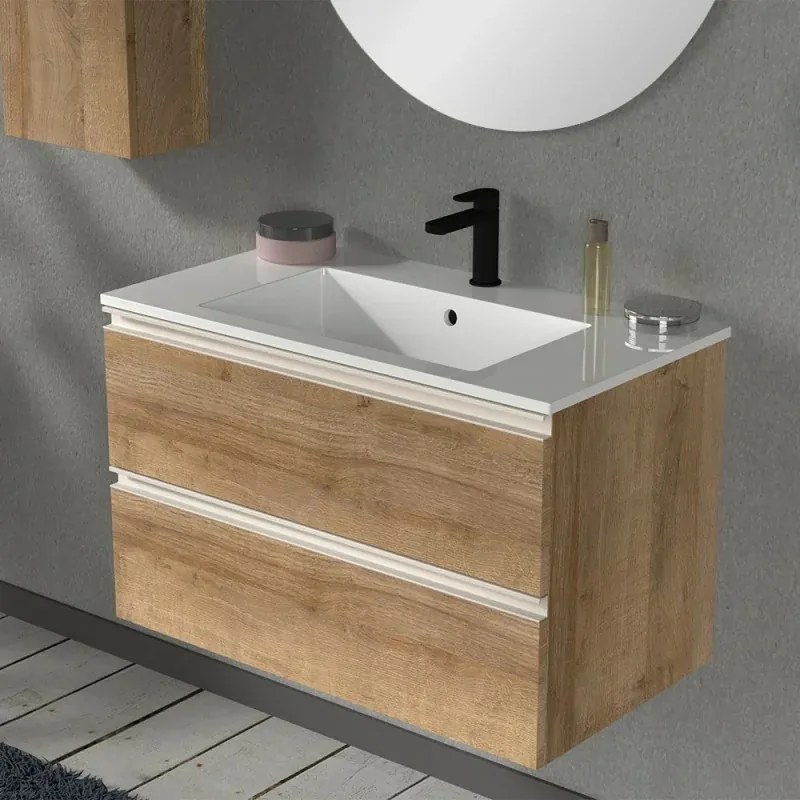 Mobile bagno sospeso 80 cm rovere miele con lavabo e specchio Master