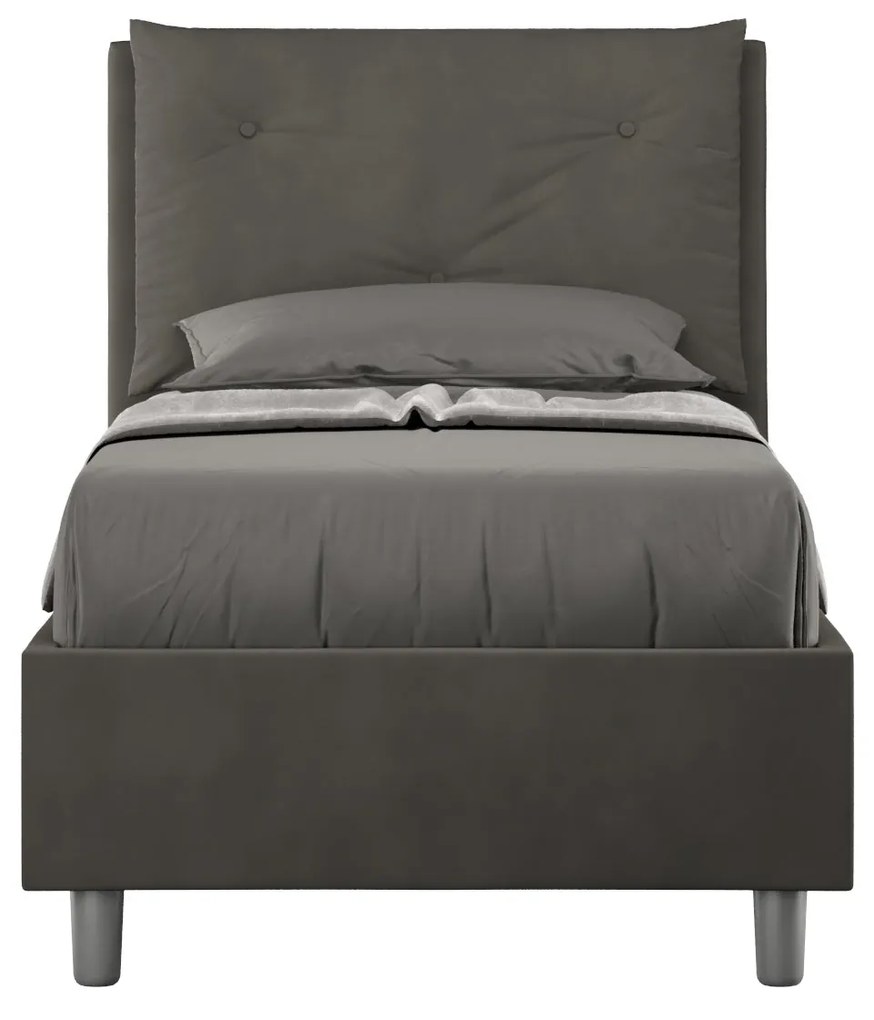 Letto singolo 80x200 Appia imbottito con testiera, rete e contenitore, Grigio / Senza Rete
