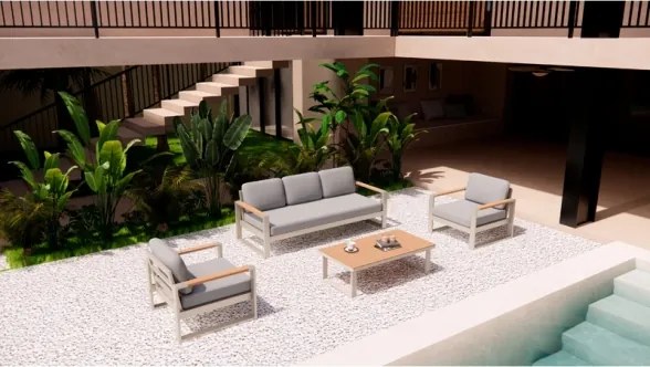 Salotto Da Esterno 5 Posti In Alluminio Con Tavolino E Cuscini Boston Avorio