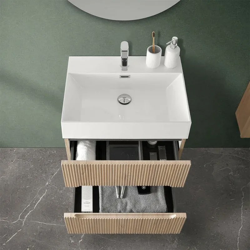 Mobile bagno sospeso cannettato 70 cm rovere chiaro con specchio Bali