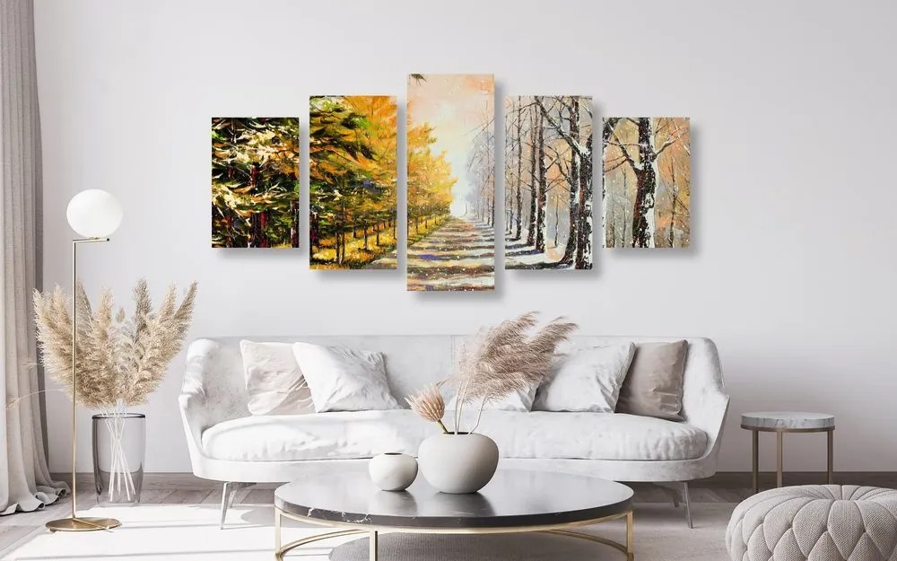 Quadri 5 pezzi – Viale autunnale di alberi