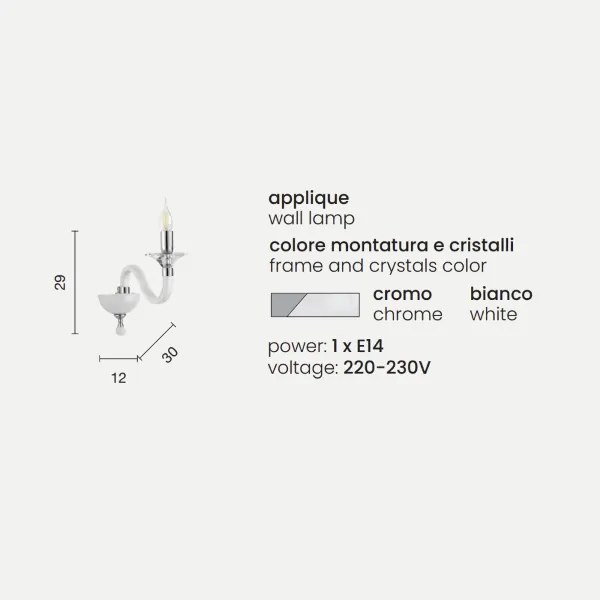 Applique GALA 12 cm in vetro con dettagli in metallo 1 Luce Bianco