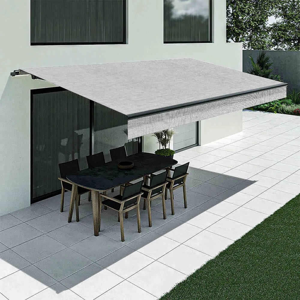 Tenda da sole grigio chiaro con mantovana dritta, modello Basic senza cassonetto, 2400 x 1500 mm, con manovella, configurazione individuale