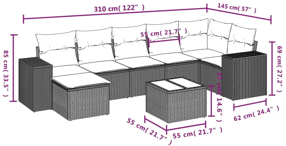 Set divano da giardino 8 pz con cuscini grigio in polyrattan