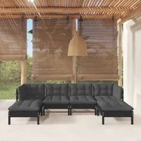 Set Divani da Giardino 6 pz con Cuscini Neri in Legno di Pino 3097083