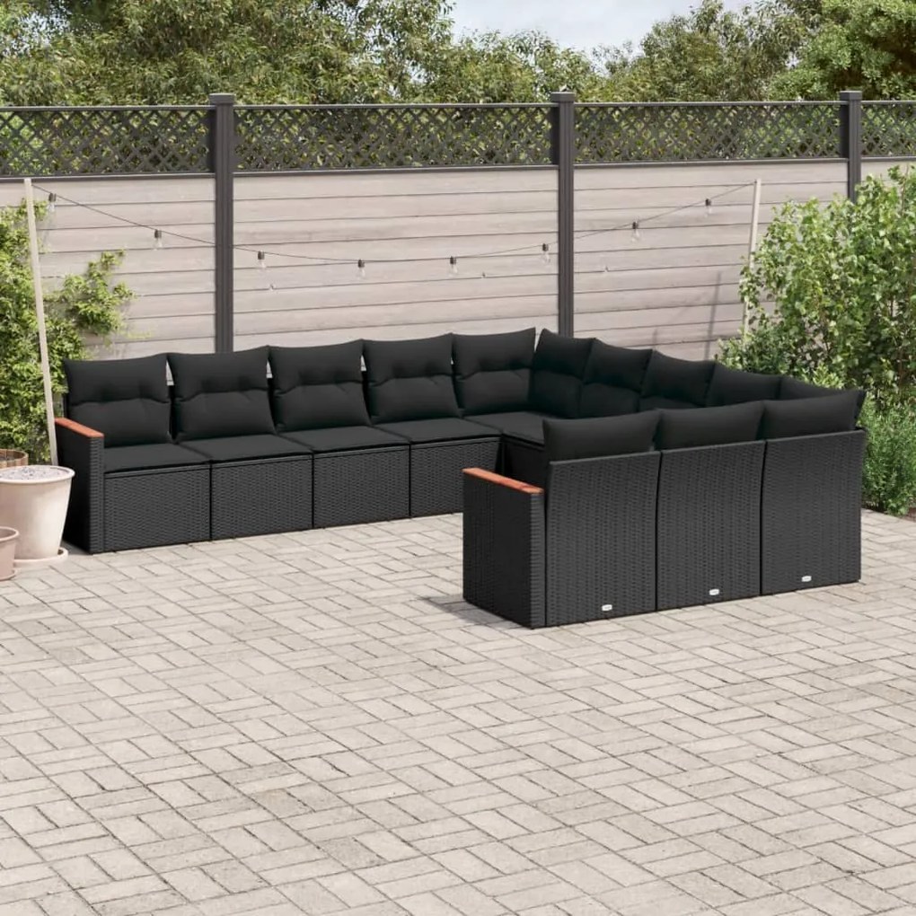 Set divani da giardino 11 pz con cuscini in polyrattan nero