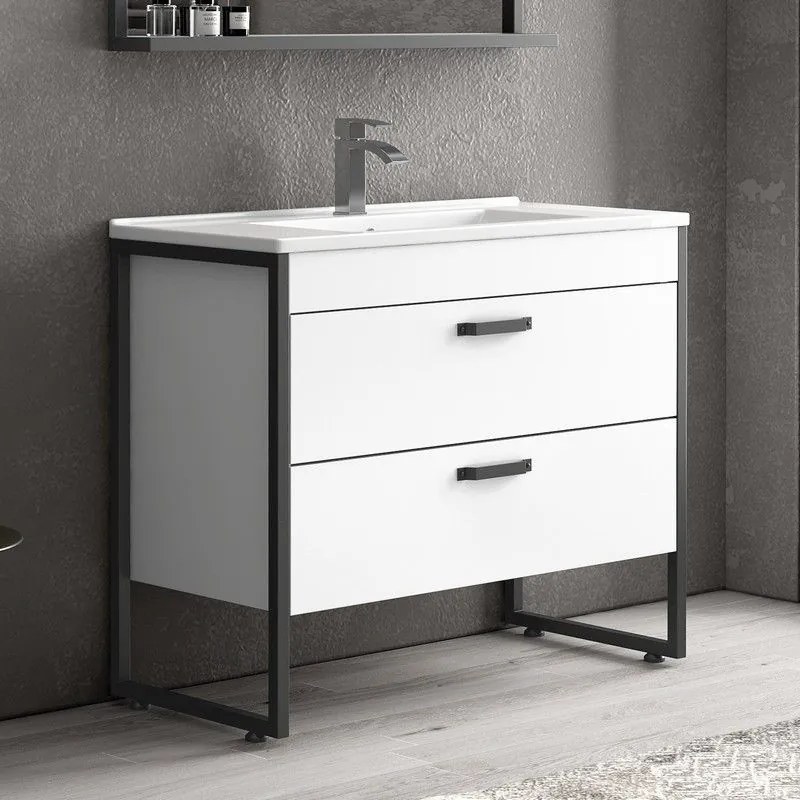 Kamalu - mobile bagno 100cm con struttura metallica nera ikos-100