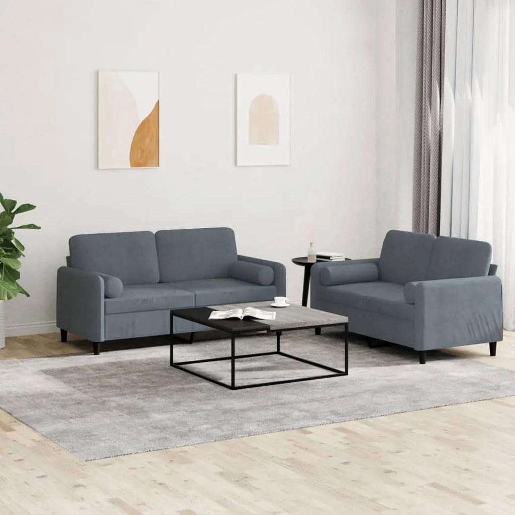 Set Di Divani 2 Pz Con Cuscini Grigio Scuro İn Velluto /