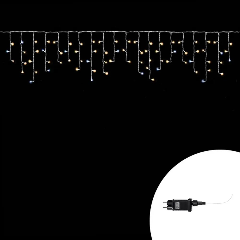 Tenda luminosa 10 metri 380 Led Bianco Caldo fisso e Bianco Freddo intermittente stalattiti prolungabile altezza 50cm da esterno Wisdom