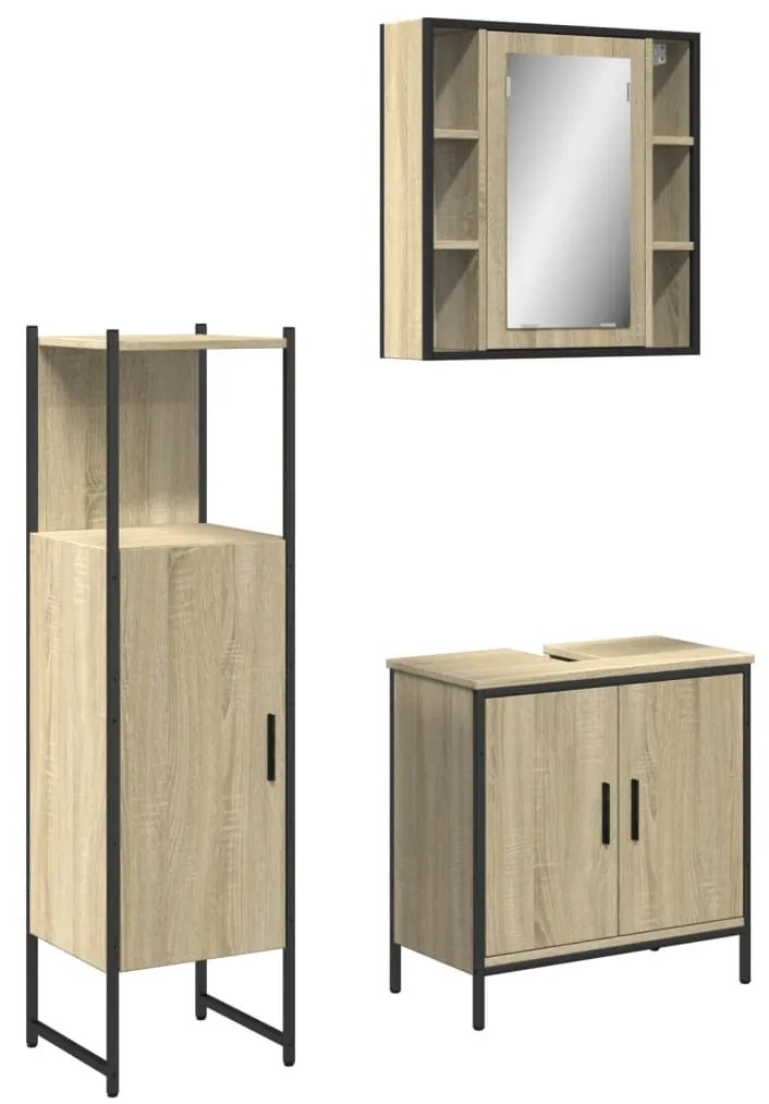 Set di mobili da bagno 3 pz rovere sonoma in legno multistrato