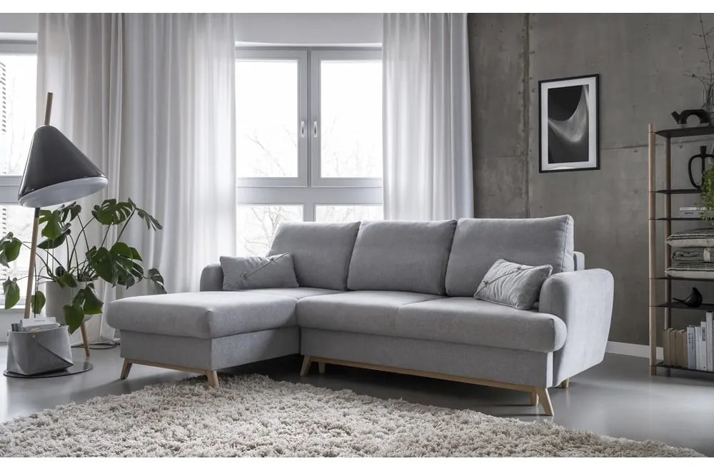 Divano angolare grigio chiaro allungabile/con contenitore (con penisola a sinistra/con chaise lounge) Scandic Lagom – Miuform