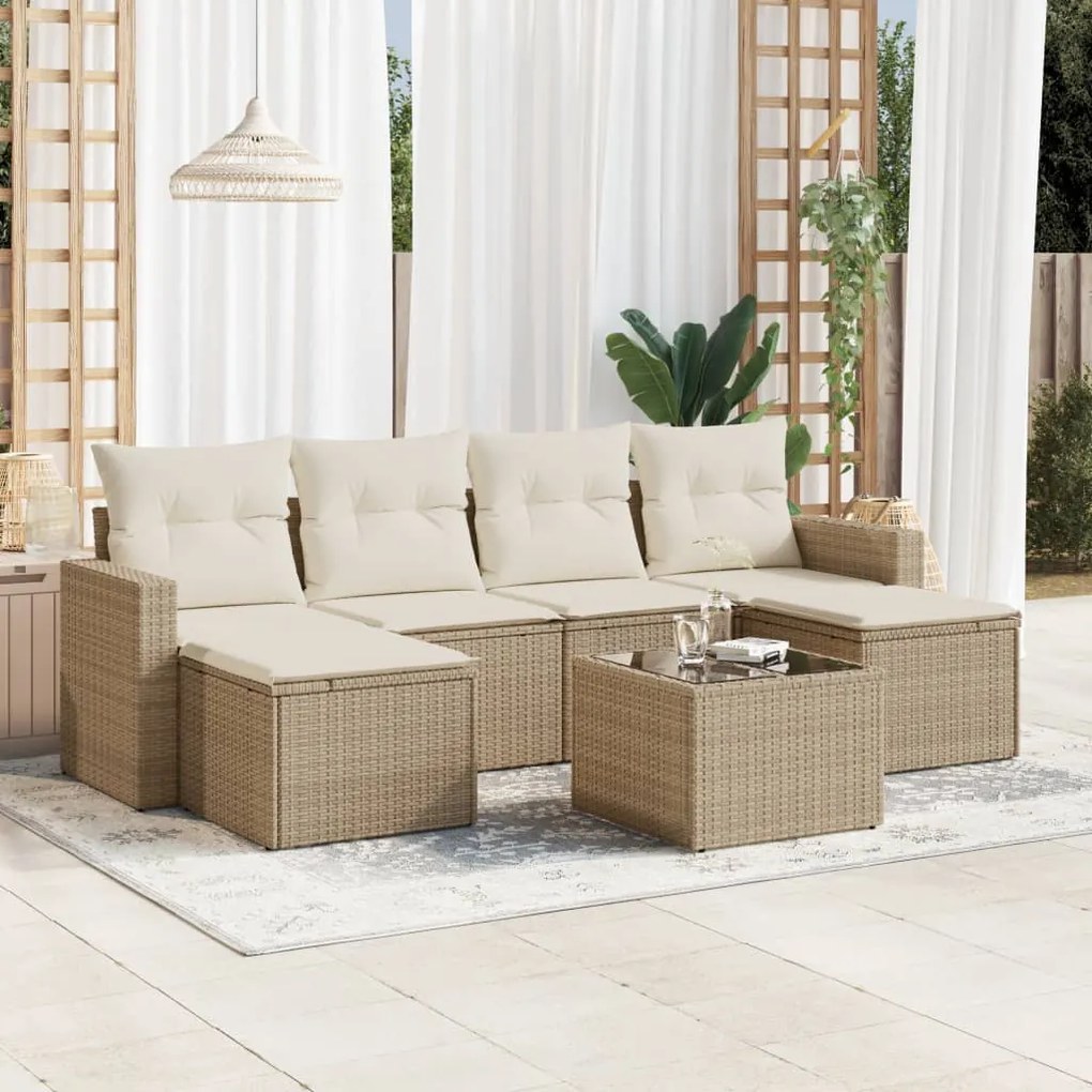 Set divani da giardino 7 pz con cuscini beige in polyrattan