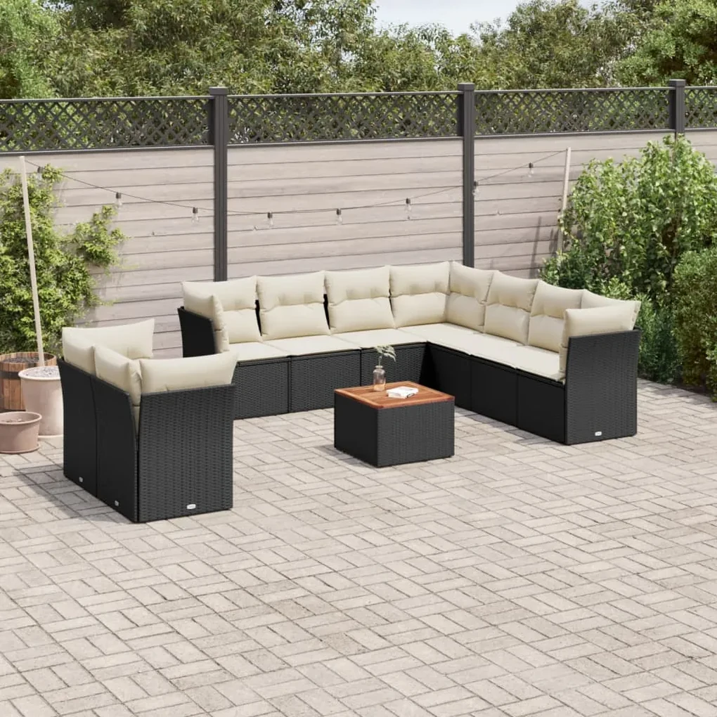 Set divani da giardino 10pz con cuscini in polyrattan nero