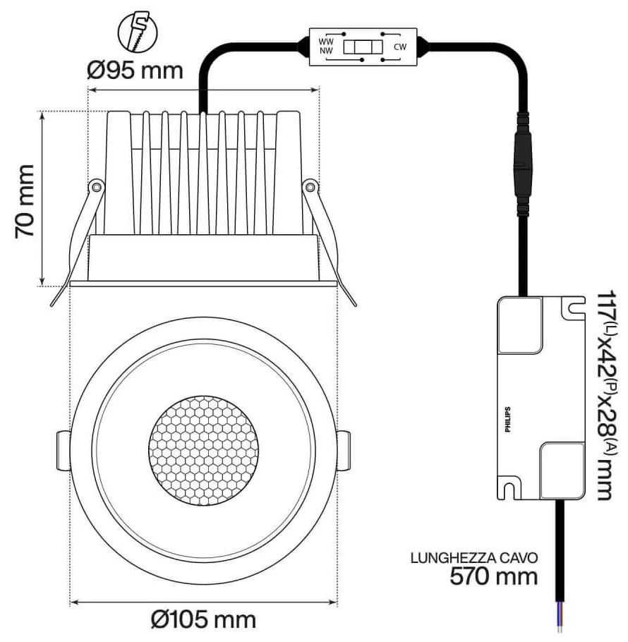 Faro da Incasso 18W, Foro Ø95mm, CCT, 15°-55° con driver Philips Colore Bianco Variabile CCT