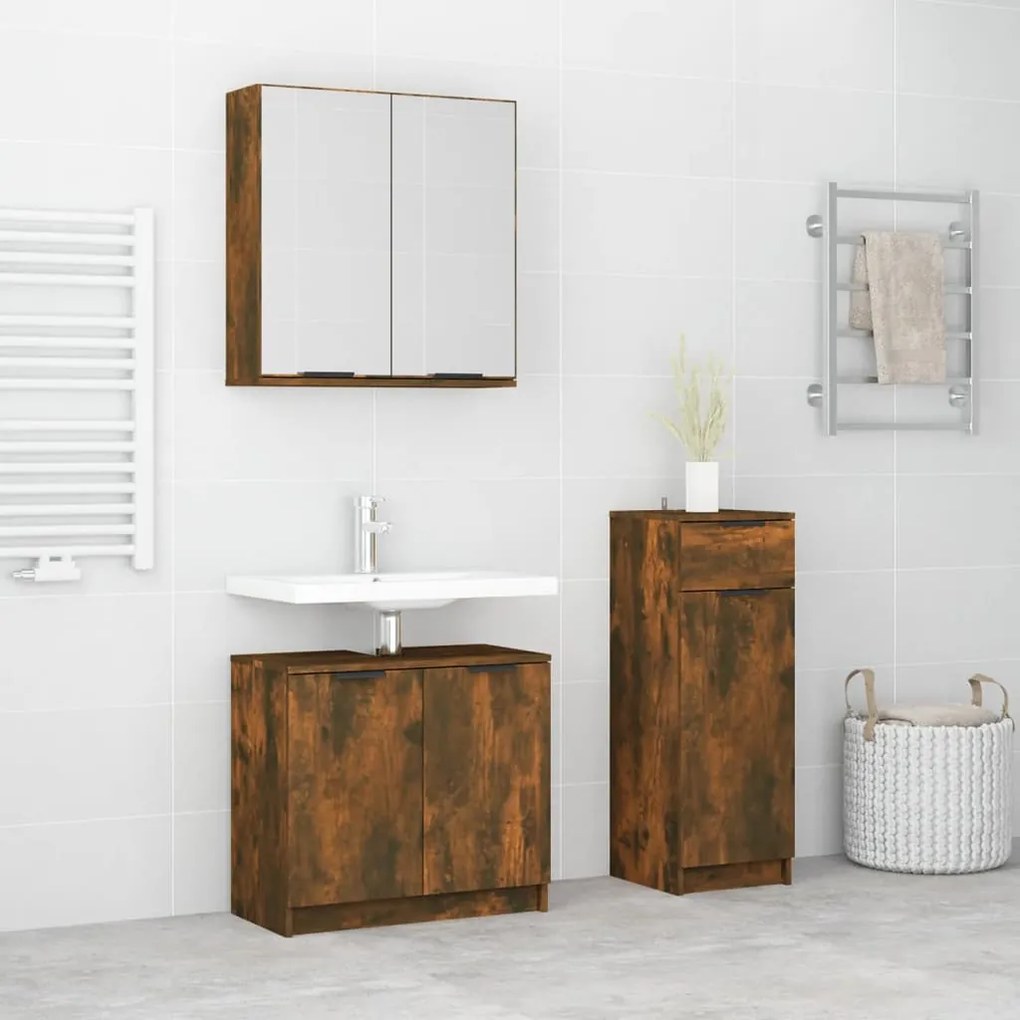 Set mobili da bagno 3 pz rovere fumo in legno multistrato