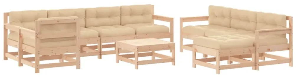 Set divani da giardino 10 pz con cuscini in legno massello
