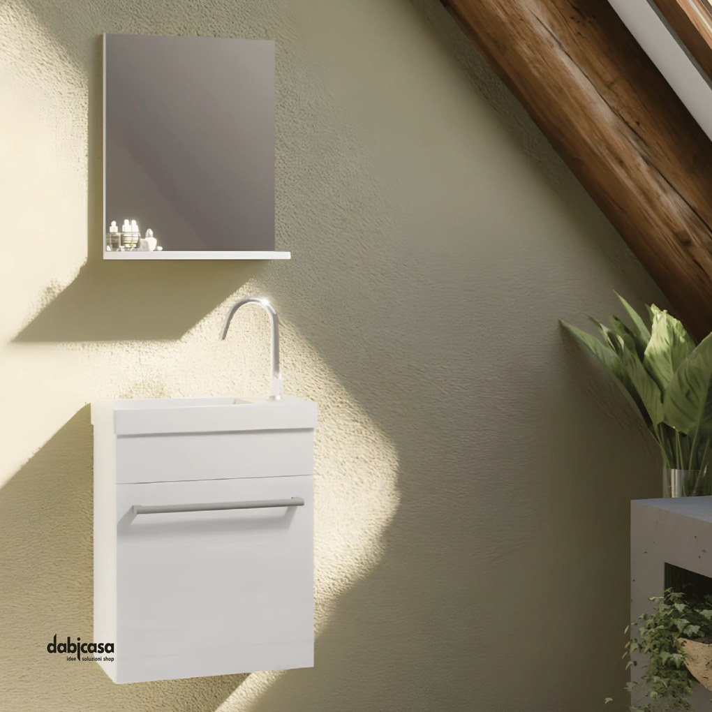 Mobile Bagno Sospeso "Perla" Salvaspazio Da 42 Cm Con Un'Anta Lavabo E Specchio Con Mensola Finitura Rovere Bianco