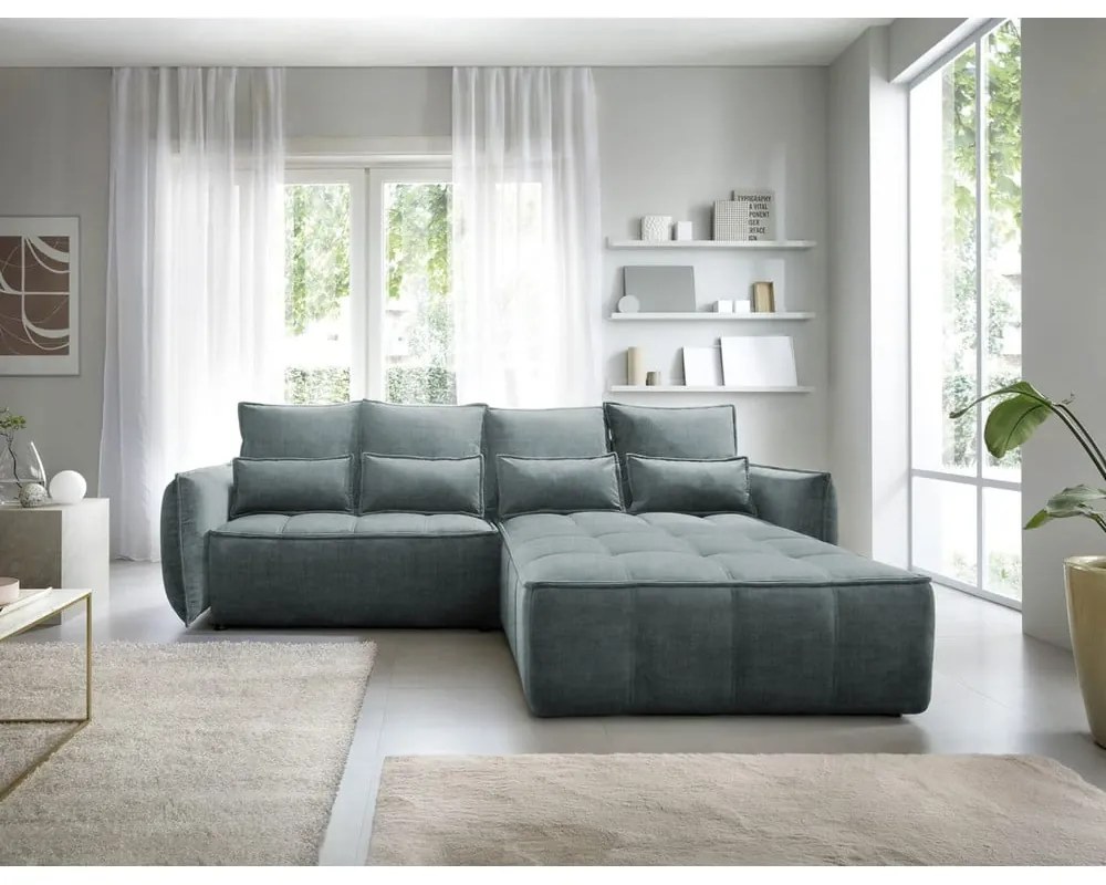 Divano angolare verde allungabile/con contenitore (con penisola a destra/con chaise lounge) e rivestimento in velluto Campo – ELTAP