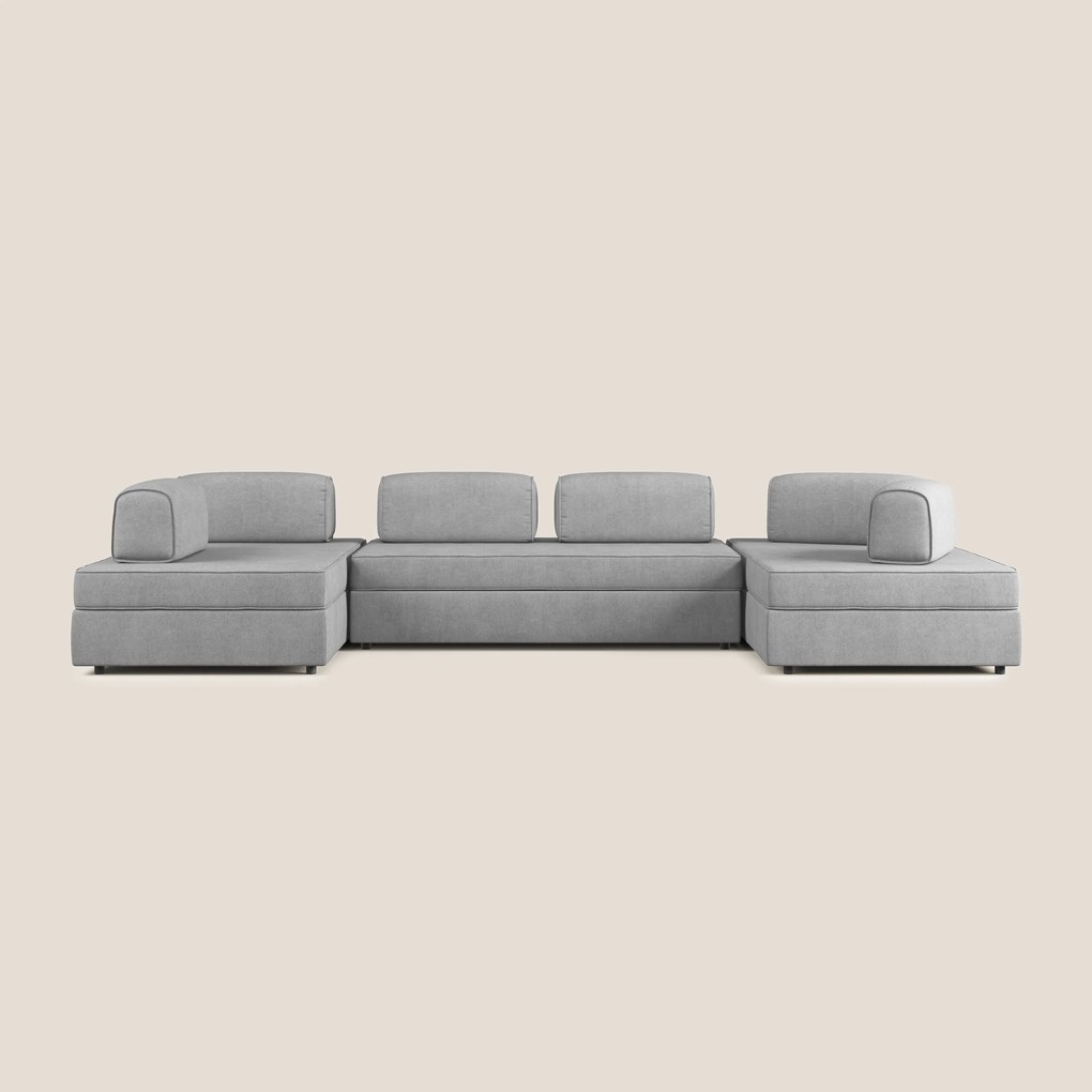 Liberty divano panoramico con pouf estraibile e schienali movibili in tessuto morbido impermeabile T02 grigio chiaro